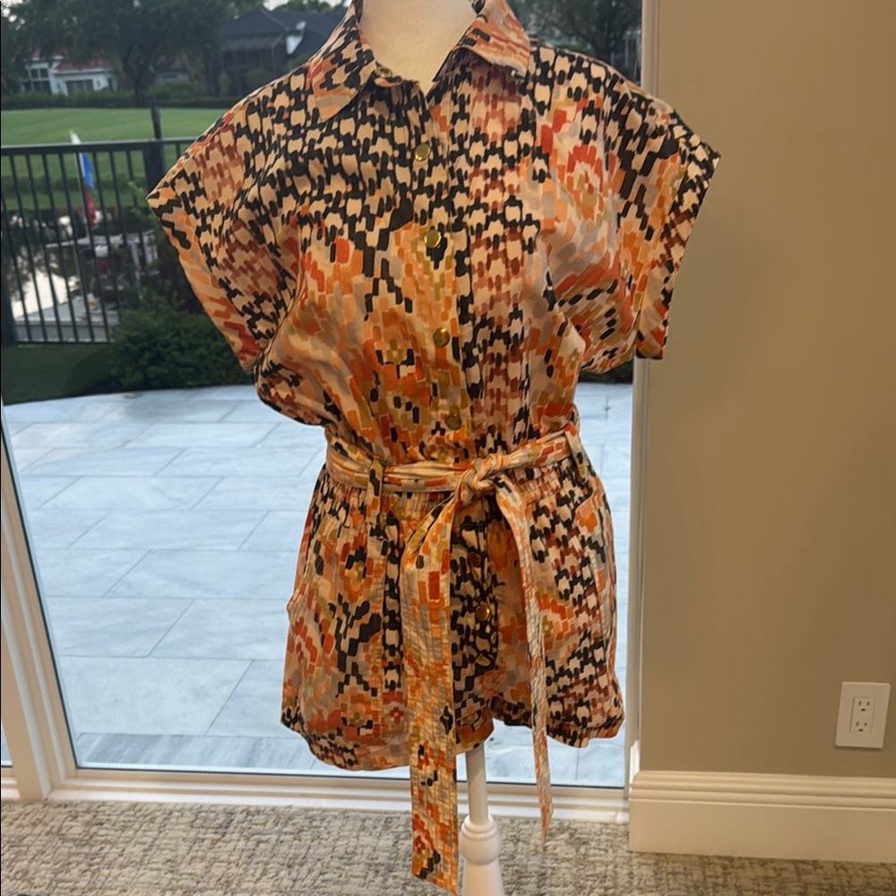 Colorful Patterned Belted Romper. Snap up with tie belt